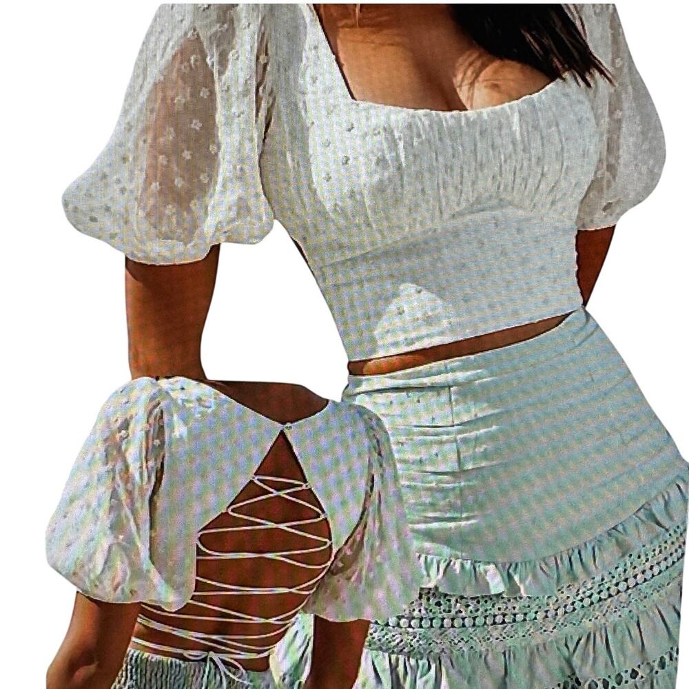 Hello Molly Swiss Dot Semi-Sheer Lace-Up Back Balloon Sleeve Crop Top Women's 2